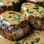 Peppercorn steak with creamy sauce
