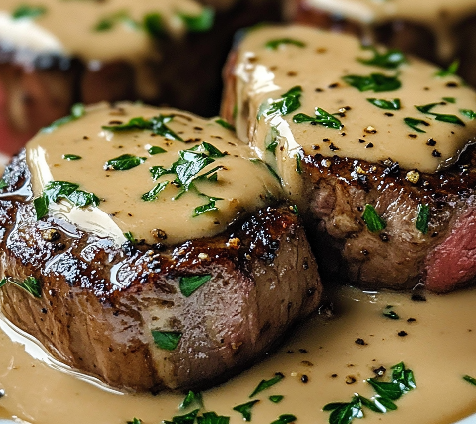 Peppercorn steak with creamy sauce